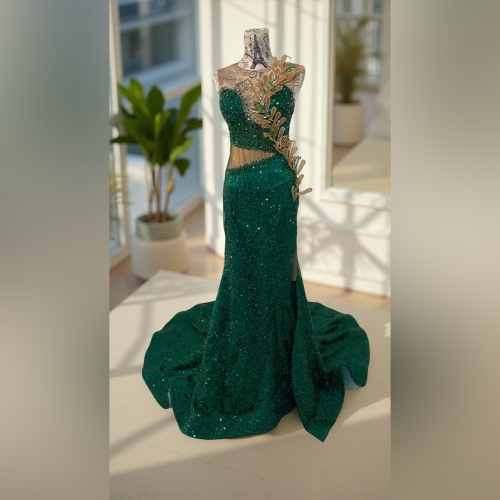 Emerald Green Sequin Gown with Gold Leaf Detail